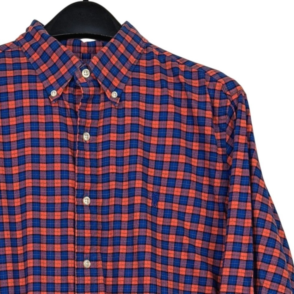 Polo Ralph Lauren Button Down Mens Large Soft Cotton Orange Blue Plaid Shirt
